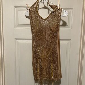 Elegant Gold Beaded Backless Dress